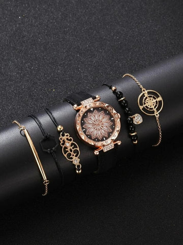 Shein - 1Pc Rhinestone Floral Dial Watch & 5Pcs Bracelet