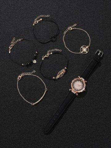 Shein - 1Pc Rhinestone Floral Dial Watch & 5Pcs Bracelet