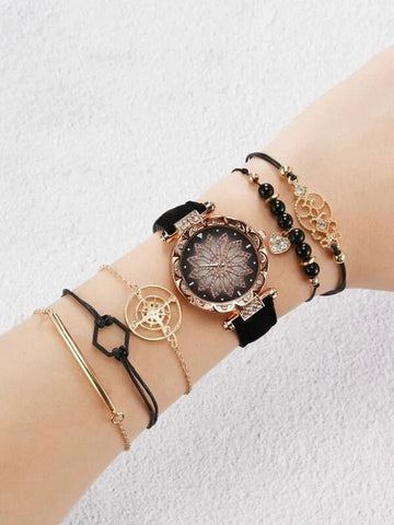 Shein - 1Pc Rhinestone Floral Dial Watch & 5Pcs Bracelet