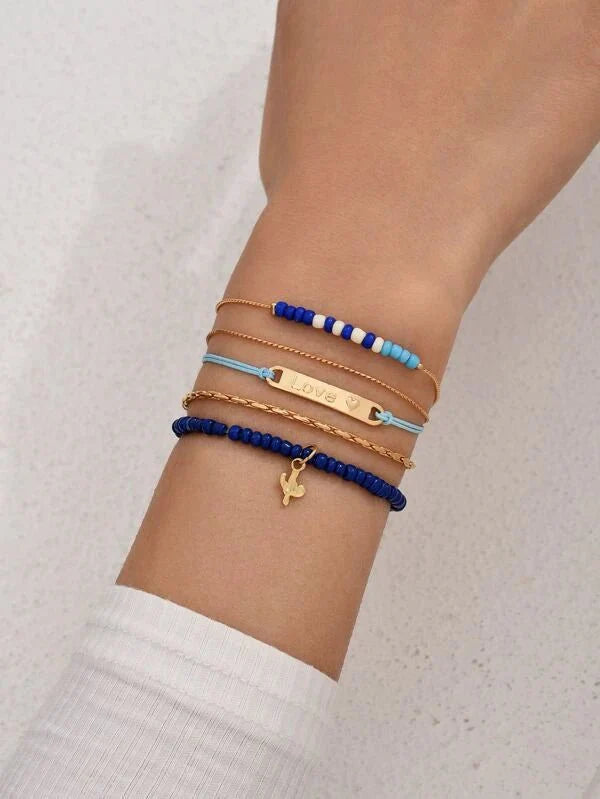 Shein - 4Pcs Letter Detail Cactus Charm Random Beaded Bracelet