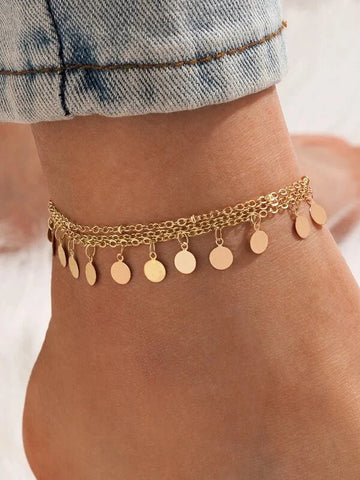 Shein - Multi-Layered Anklet With A Circular Pendant- Yellow Golden
