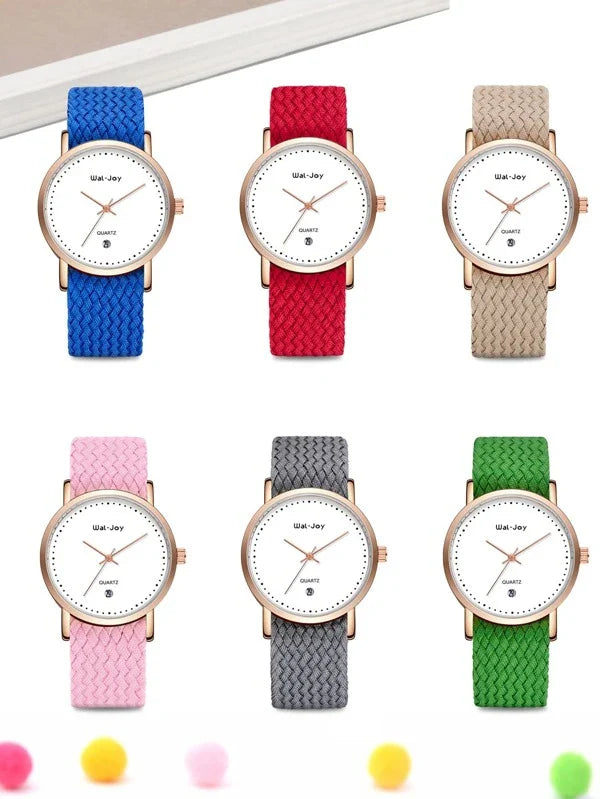 Shein - 1 Piece Quartz Watch With Round Index Dial And 5 Pieces Nylon Strap