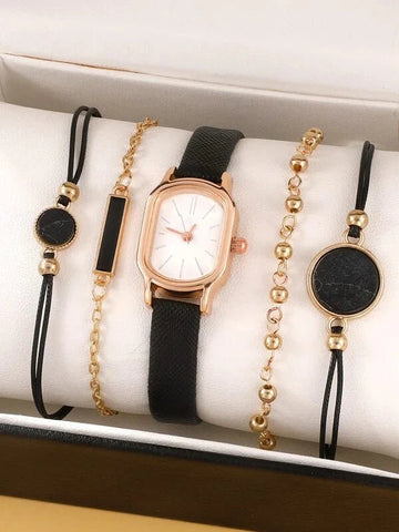 Shein - 1Pc Oval Pointer Quartz Watch & 4Pcs Bracelet