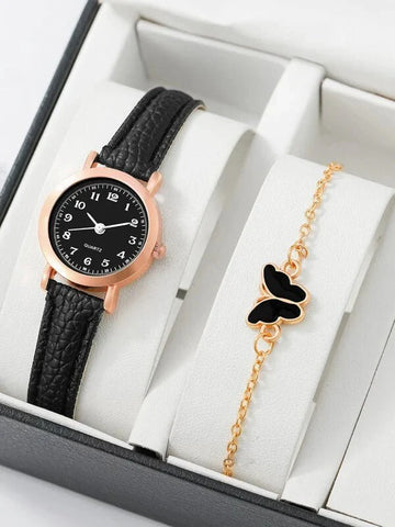 Shein - Embellishment Bracelet And Beaded Lychee Round Watch