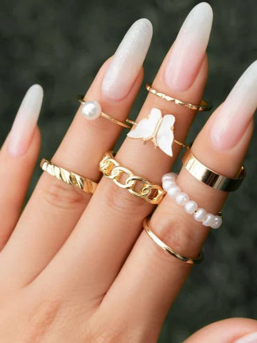 Shein - Butterfly Ring Decorated With Artificial Pearls 8 Pieces
