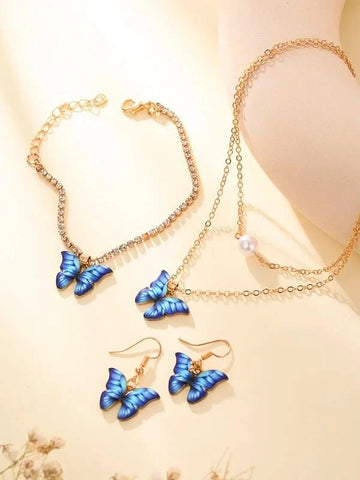 Shein - Butterfly Jewelry Set Decorated With Artificial Pearls 4 Pieces