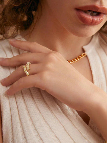 Shein - 1Pc Glamorous Opal & Cubic Zirconia Decor Cuff Ring For Women For Girlfriend'S Gift