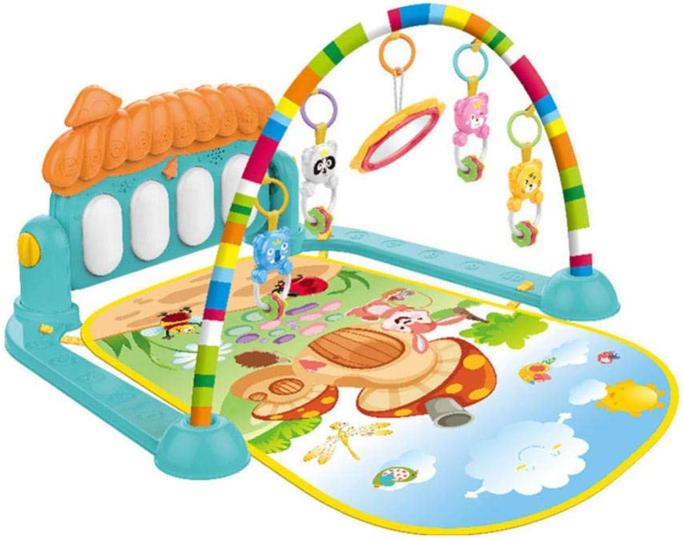 Cartoon Baby Play Mat with Fitness Frame Piano Keyboards Activity Gym Play Mat with Pendant Toy Early Education Blanket, Mushroom - Spireclick