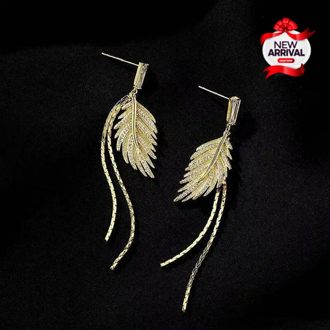 Golden leaf long Chain Tassel Rhinestone Studs Earrings