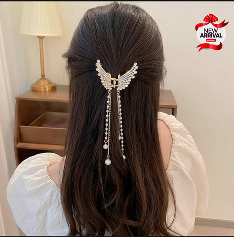 Butter Fly Studded With Diamond Pearl long Tassel Shark Hair Clip