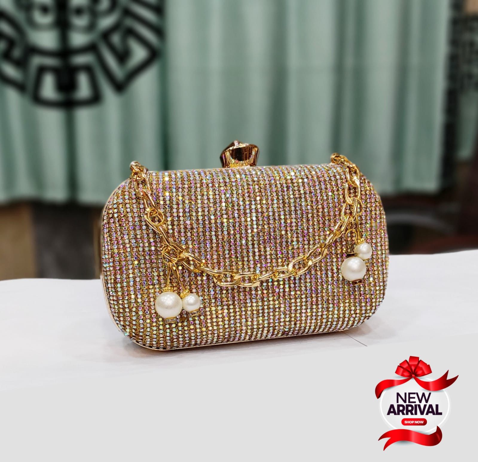 Beautiful Hand Clutch with Handle for Girls Golden Multicolor