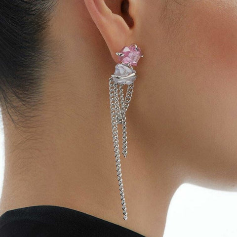 Beautiful White Pink Crystal long Tassel Earrings