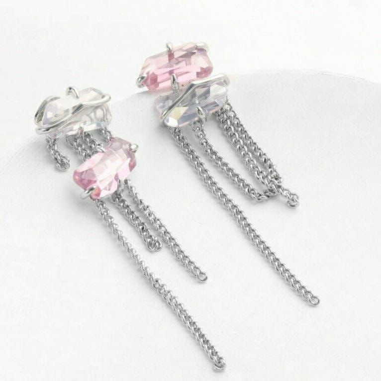 Beautiful White Pink Crystal long Tassel Earrings