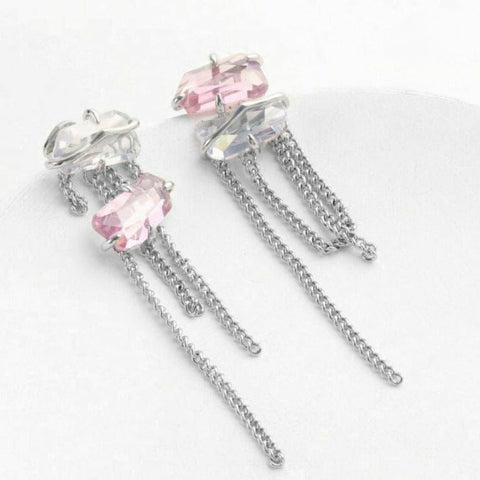 Beautiful White Pink Crystal long Tassel Earrings