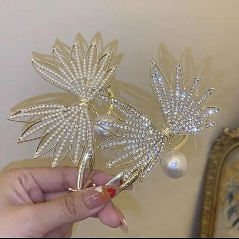 Luxury Gold & Silver Butter fly look with Big Hanging Pearl Hair Clip