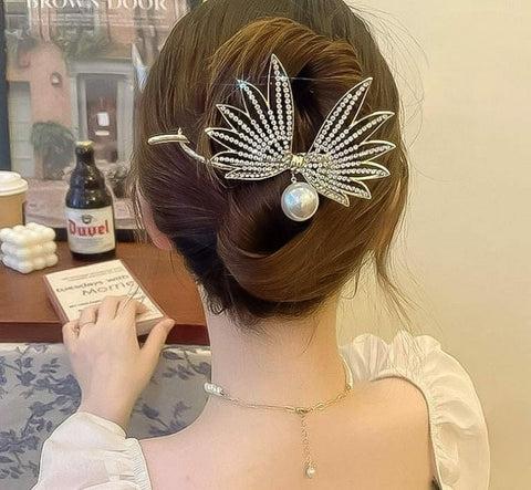 Luxury Gold & Silver Butter fly look with Big Hanging Pearl Hair Clip