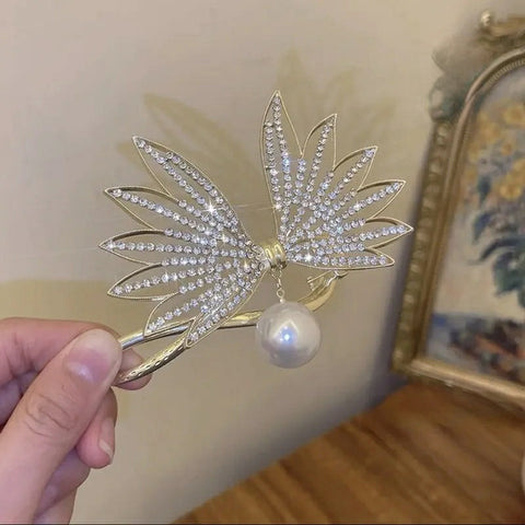 Luxury Gold & Silver Butter fly look with Big Hanging Pearl Hair Clip