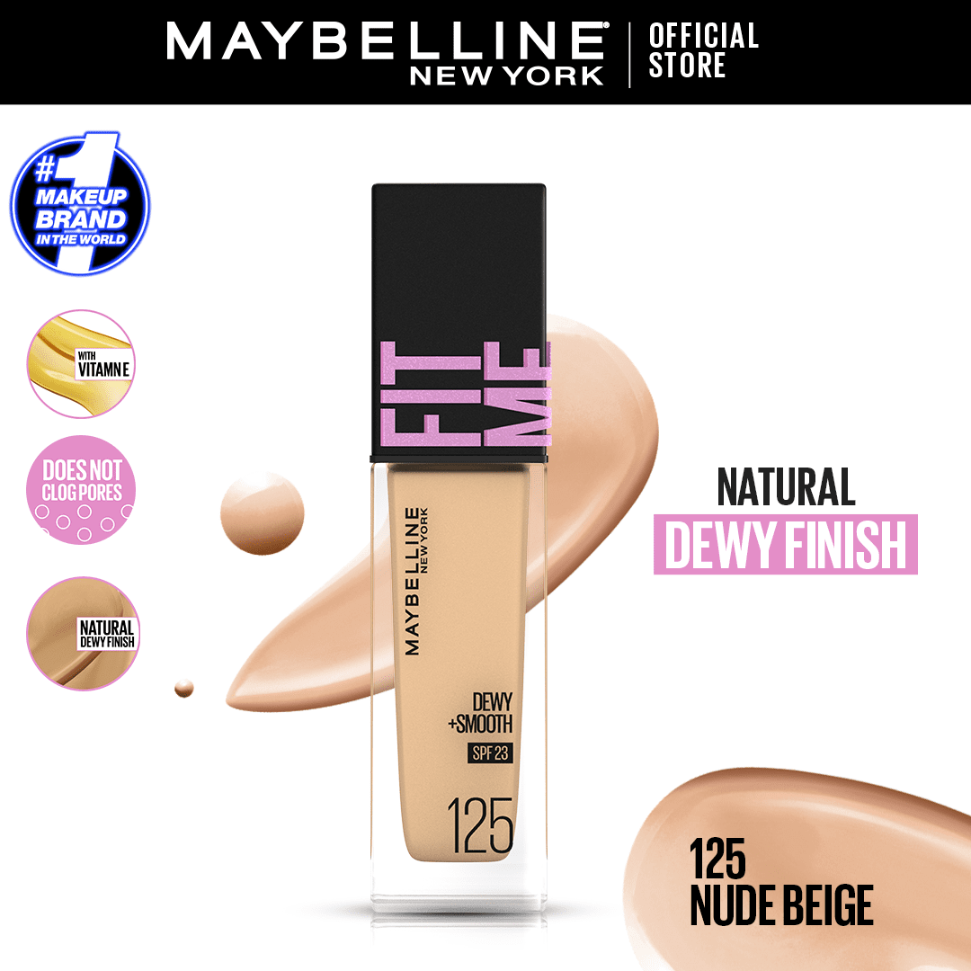 Maybelline New York- New Fit Me Dewy + Smooth Liquid Foundation SPF 23 - 125 Nude Beige 30ml - For Normal to Dry Skin