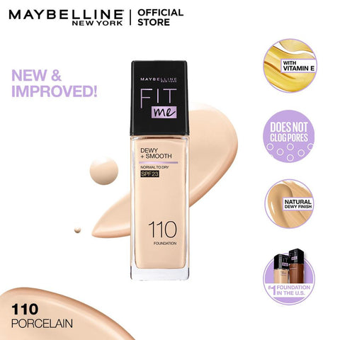 Maybelline New York- New Fit Me Dewy+Smooth Liquid Foundation SPF 23 - 110 Porcelain 30ml - For Normal to Dry Skin