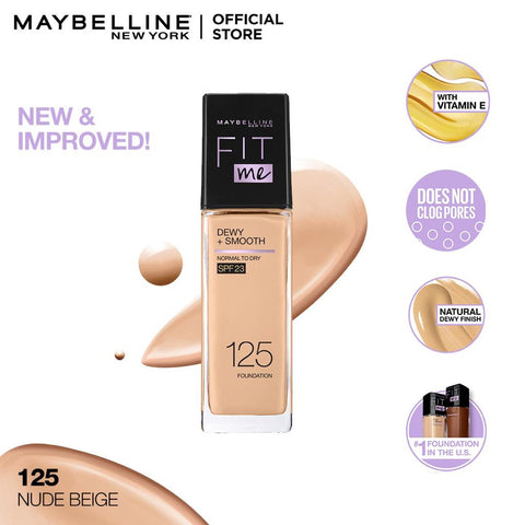 Maybelline New York- New Fit Me Dewy + Smooth Liquid Foundation SPF 23 - 125 Nude Beige 30ml - For Normal to Dry Skin
