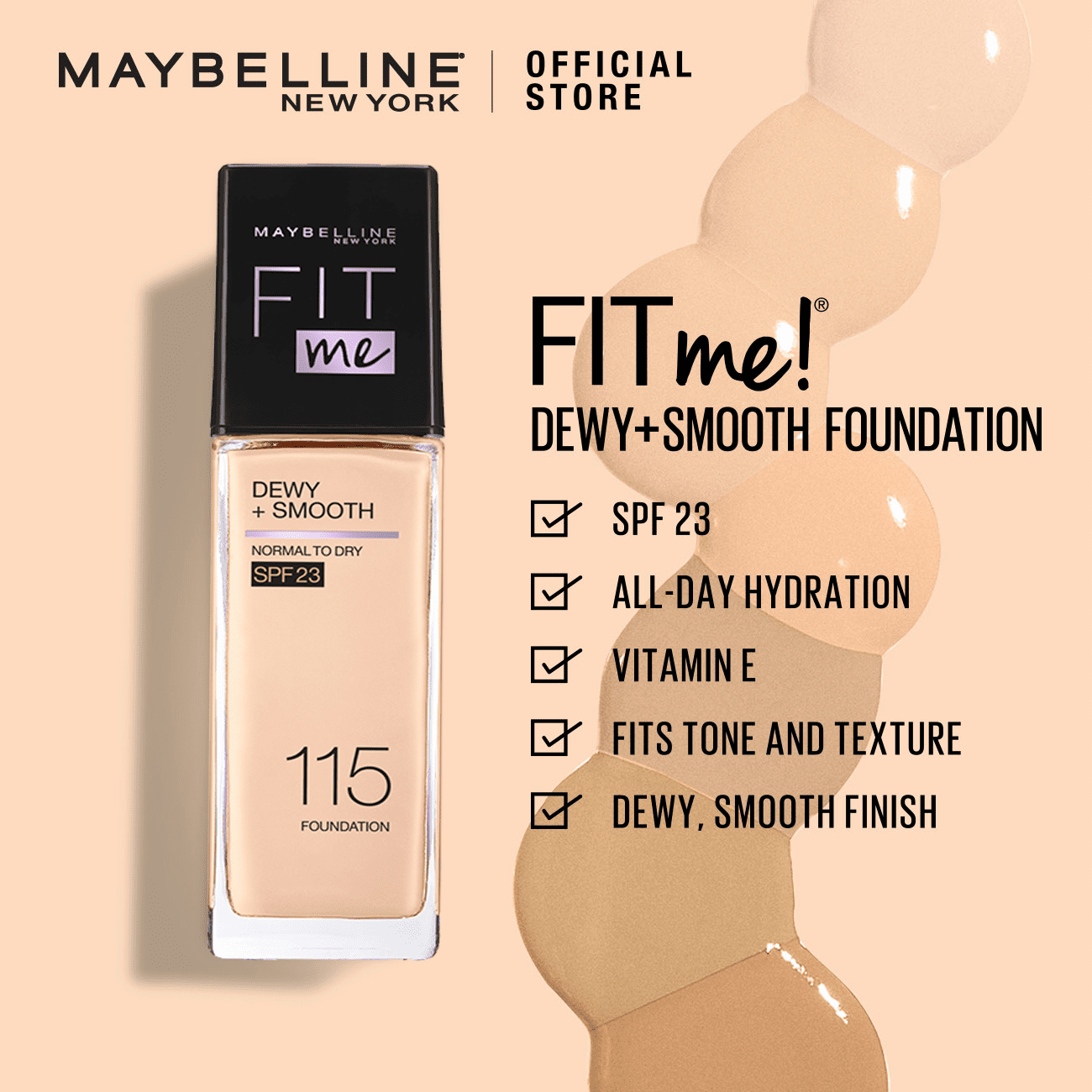 Maybelline New York- New Fit Me Dewy + Smooth Liquid Foundation SPF 23 - 130 Buff Beige 30ml - For Normal to Dry Skin