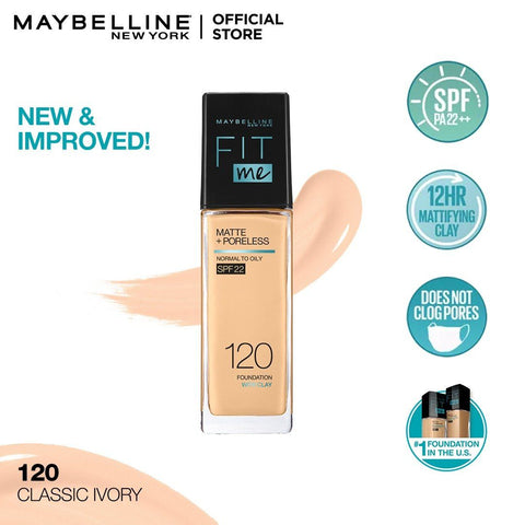 Maybelline New York- New Fit Me Matte + Poreless Liquid Foundation SPF 22 - 120 Classic Ivory 30ml - For Normal to Oily Skin